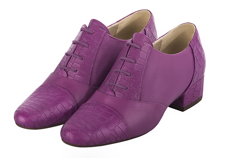 Mauve purple women's essential lace-up shoes. Round toe. Low block heels. Front view - Florence KOOIJMAN